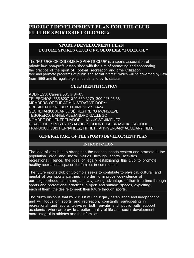 Project Development Plan For The Future of Colombia Sports Club 2019 ...