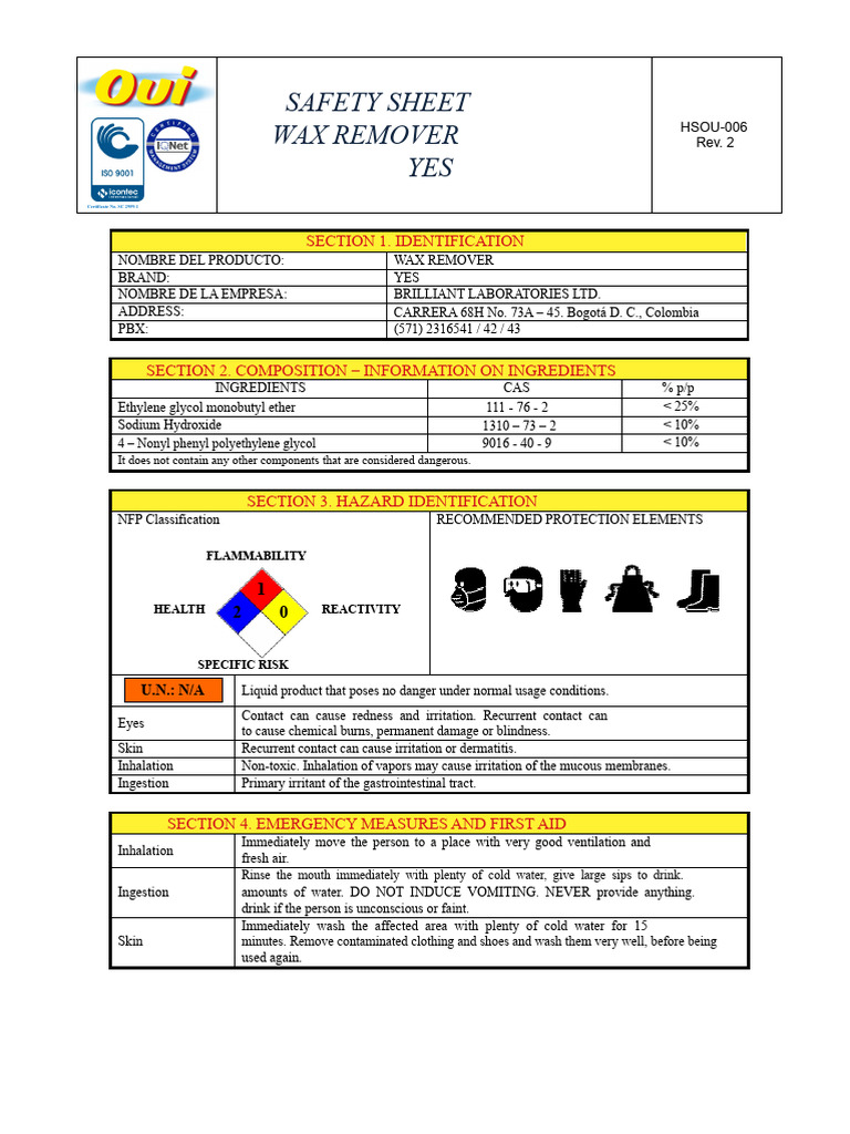 Wax Remover Safety Data Sheet | PDF | Products Of Chemical Industry ...