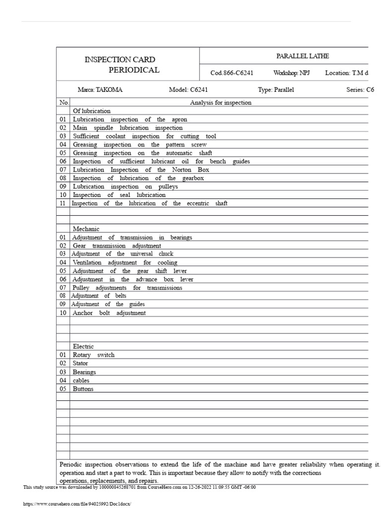 Inspection Card Periodical: 11 Inspection of The Lubrication of The ...