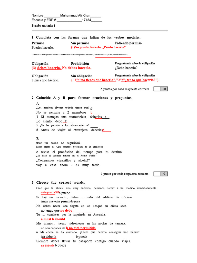 Ejercicio de Verbos Modales en Inglés | PDF