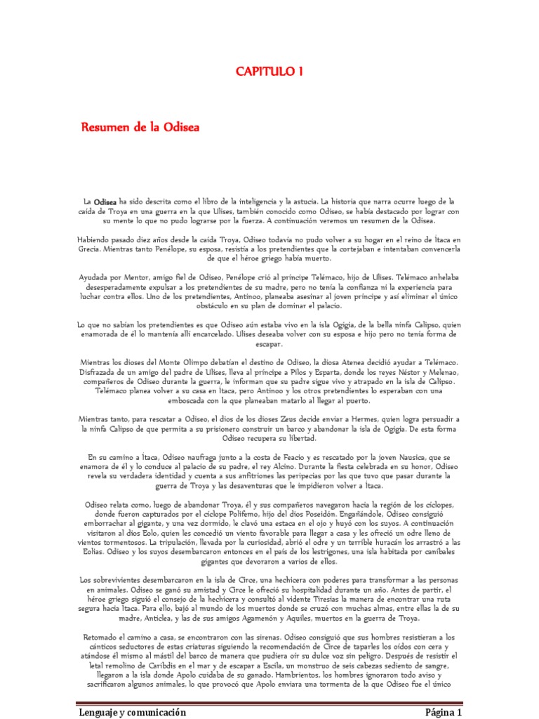 Resumen De La Odisea El Viaje De Regreso De Ulises A ítaca Pdf