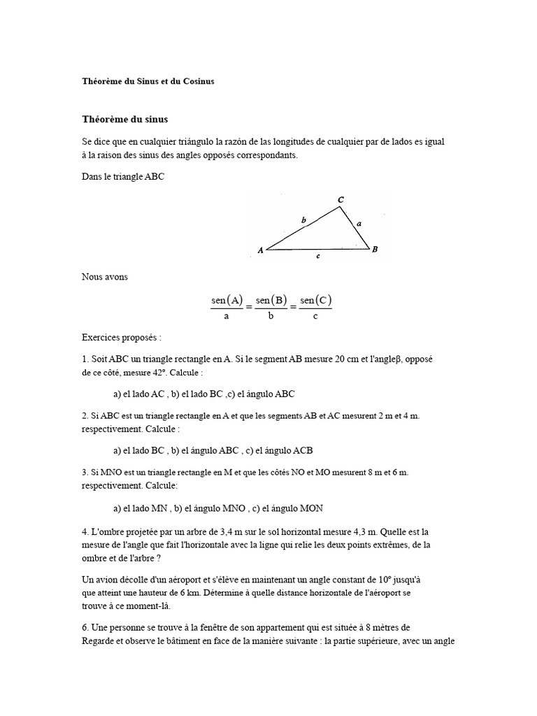 Théorèmes du Sinus et du Cosinus en Triangles | PDF | Fonction ...