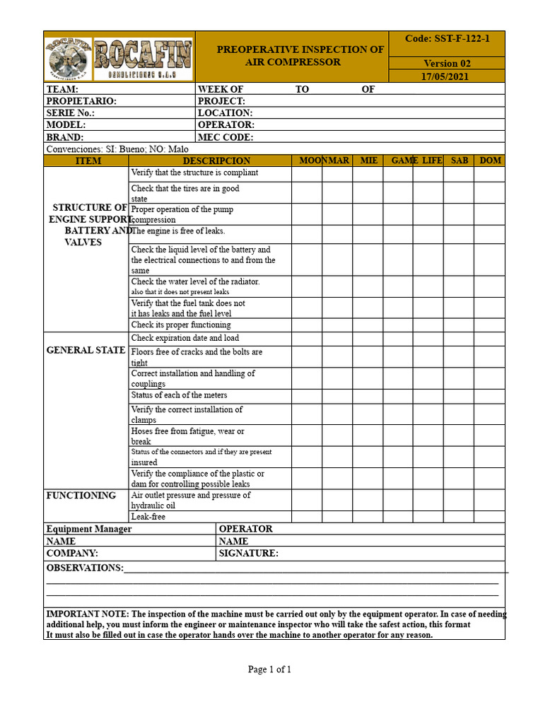 Preoperative Air Compressor Inspection Checklist | PDF | Valve | Gas ...