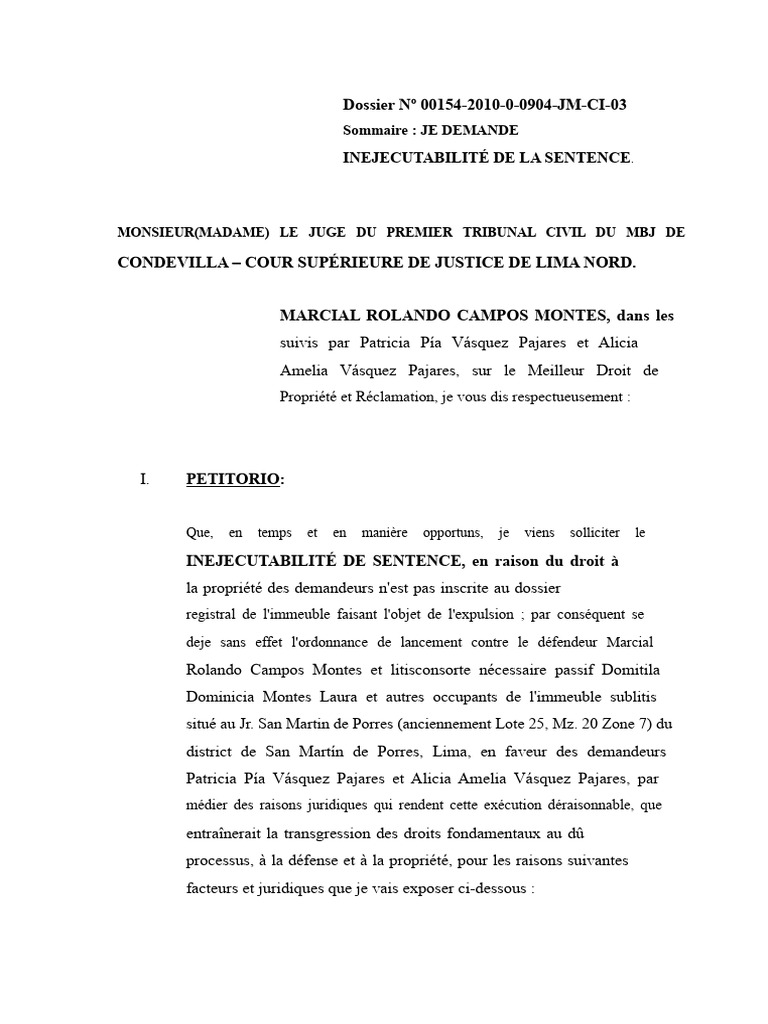 Demande d'inejecutabilité de sentence judiciaire | PDF | Juge | Loi commune
