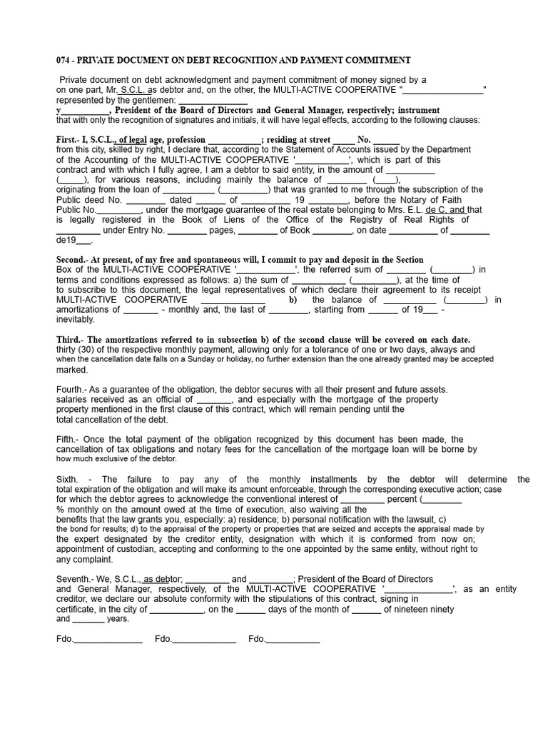 Private Document On Debt Acknowledgment and Payment Commitment | PDF ...