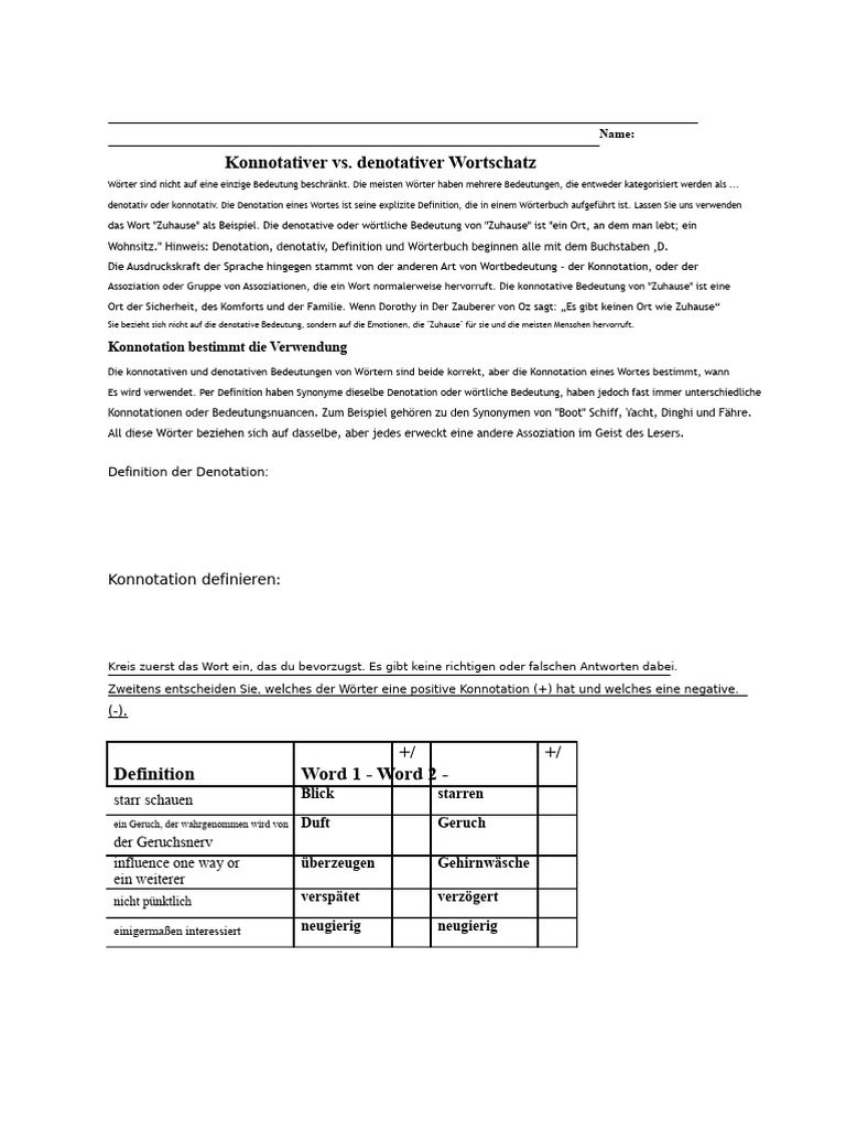 Konnotation Arbeitsblatt | PDF