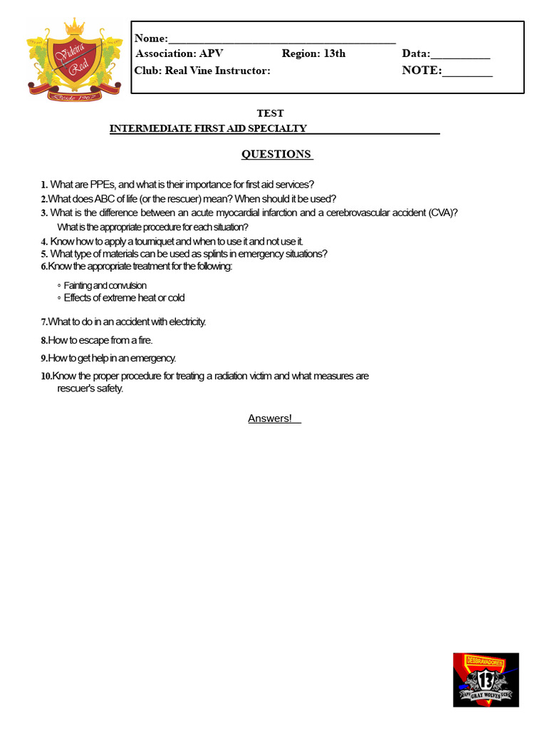 Intermediate First Aid Test Questions | PDF