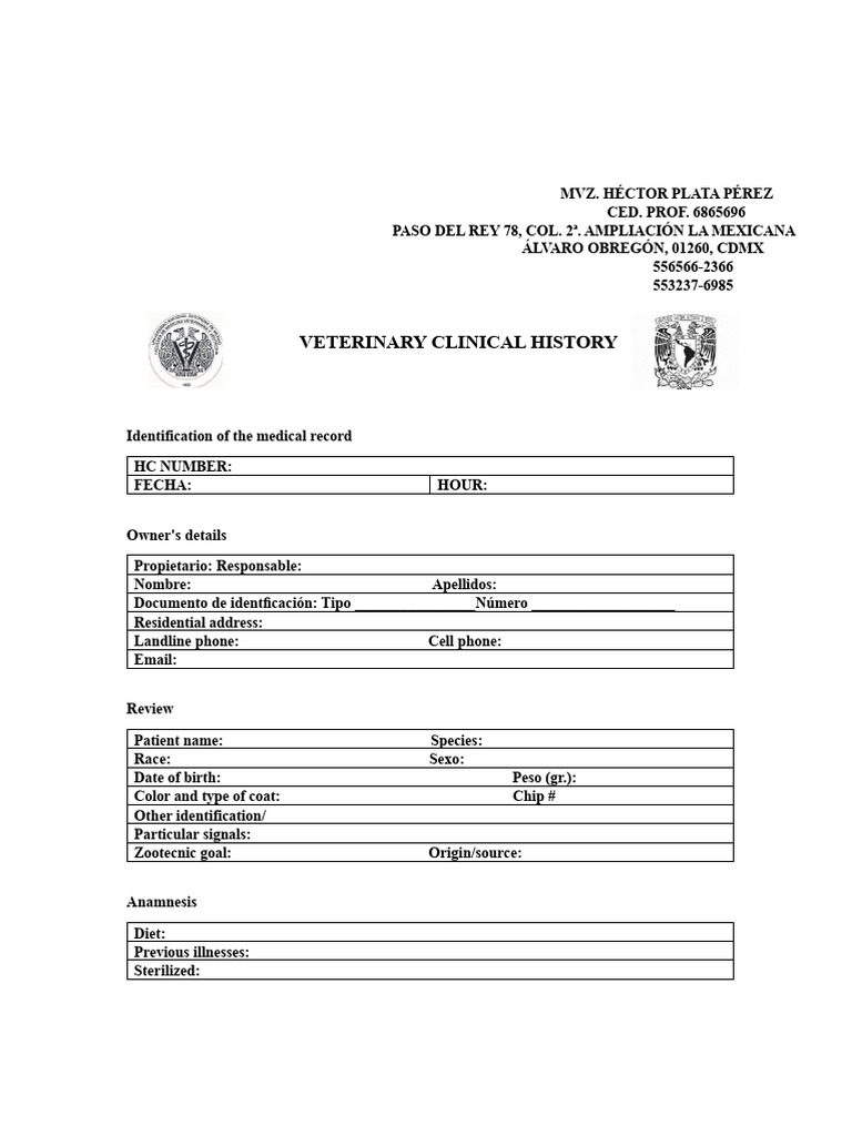Veterinary Medical History | PDF | Medical Diagnosis | Medical Record