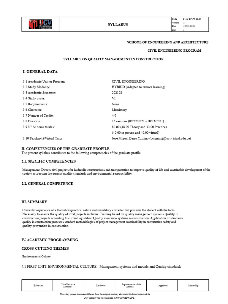 Quality Management in Construction Syllabus | PDF | Quality Management ...