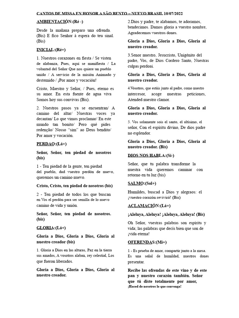 Cantos de Misa en Honor a São Bento | PDF | eucaristía | Oración