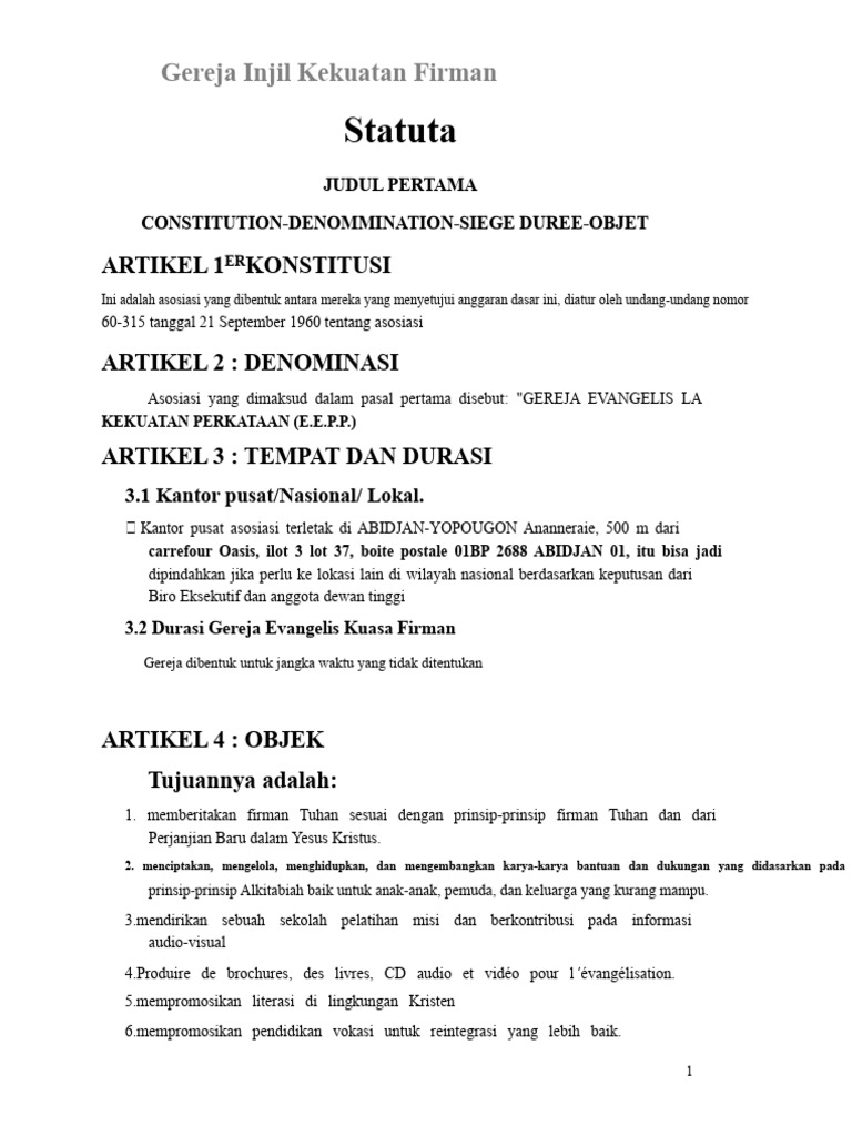 Statuta Gereja Injil Kekuatan Firman | PDF