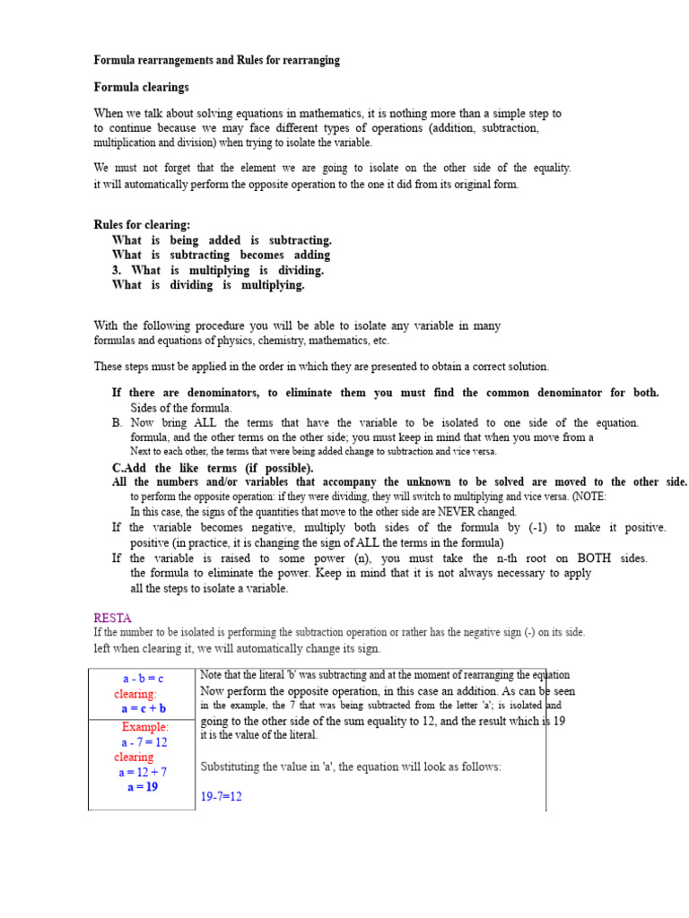 Formula Rearrangement Rules Explained | PDF | Division (Mathematics ...