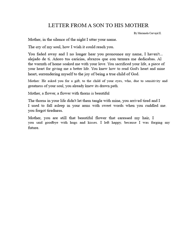 Heartfelt Letter from Son to Mother | PDF