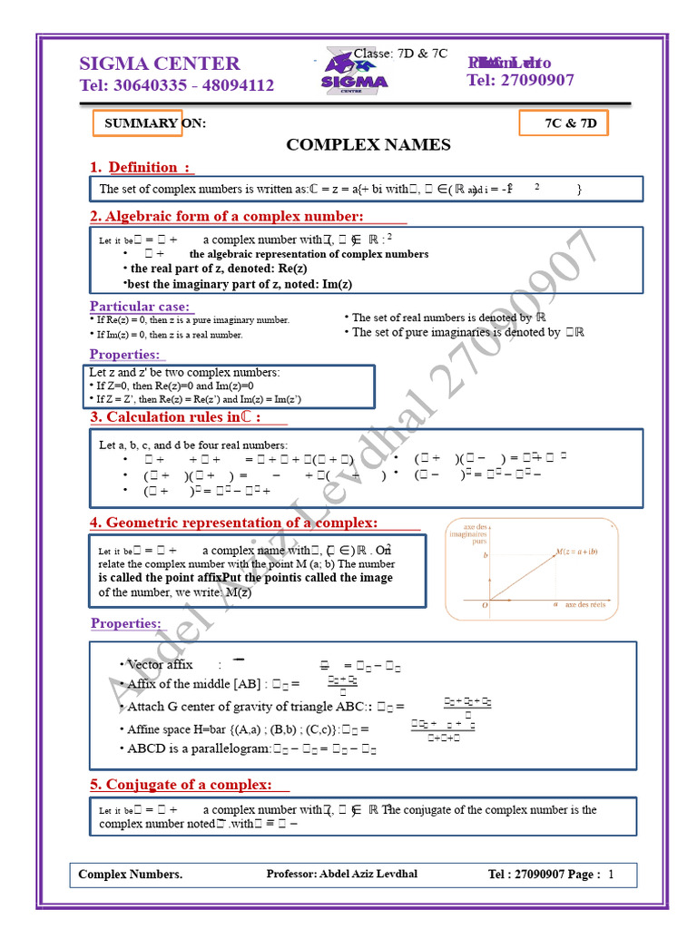 Complex Numbers Summary for 7D & 7C | PDF | Complex Number ...