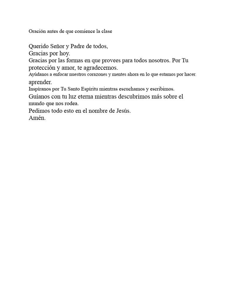 Oración Antes de Que Comience La Clase | PDF