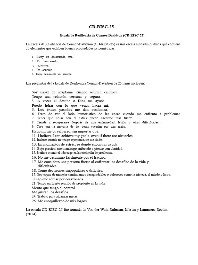 Escala de Resiliencia CD-RISC-25 | PDF | Resiliencia psicológica | Las ...