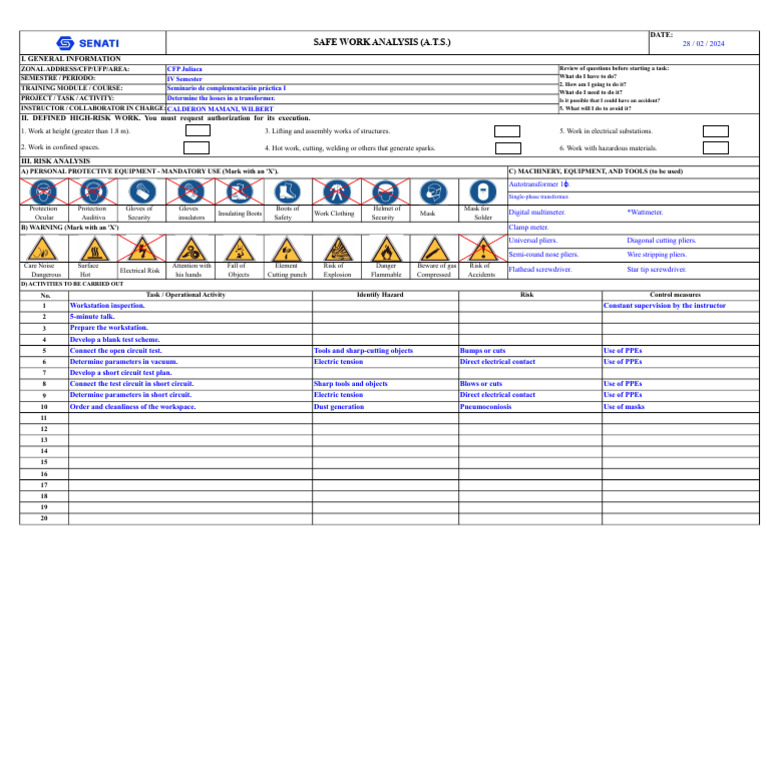 Safe Work Analysis for Transformer Tasks | PDF | Personal Protective ...