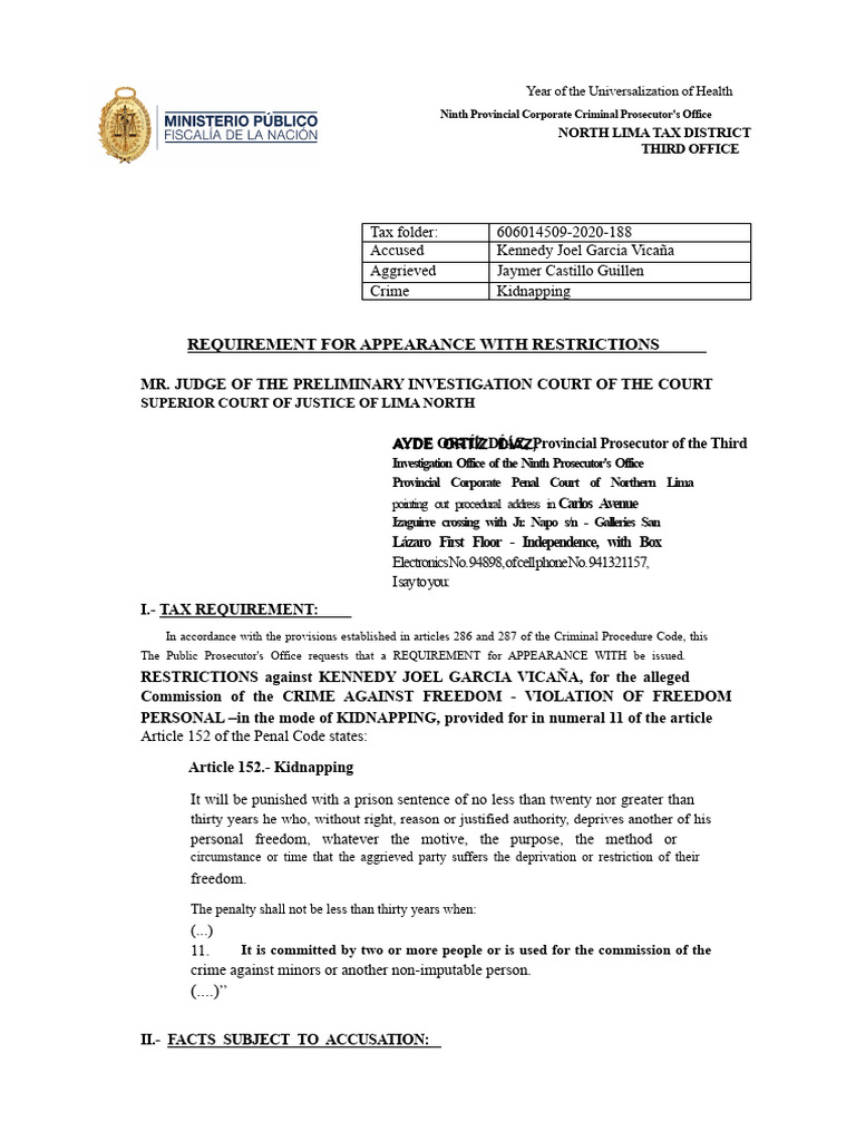 MODEL OF REQUIREMENT FOR APPEARANCE WITH RESTRICTIONS | PDF ...