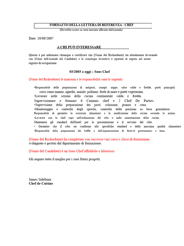 5 Formati Di Lettera Di Referenza - Chef | PDF