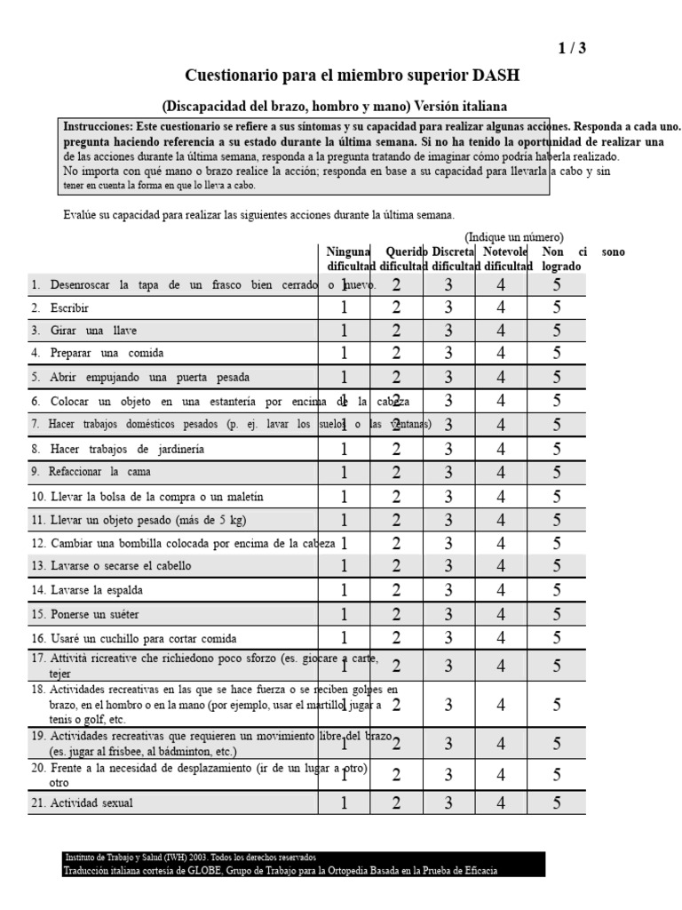 Cuestionario DASH para el miembro superior | PDF