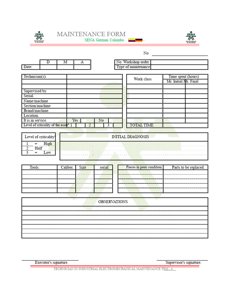Industrial Maintenance Form Template | PDF