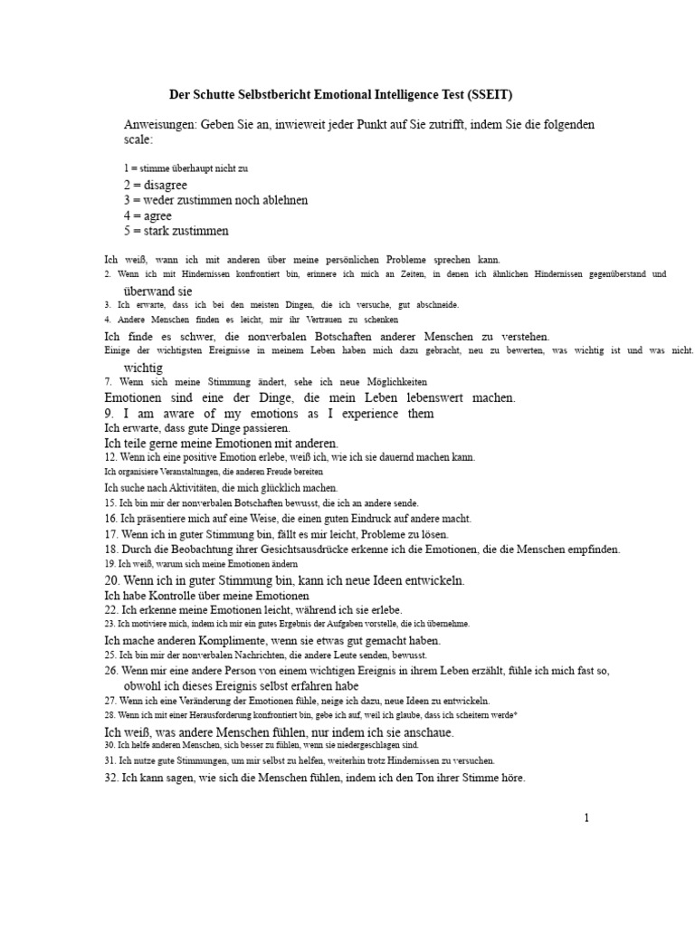 w..Schutte Selbstbericht Emotional Intelligence Test (SSEIT) | PDF