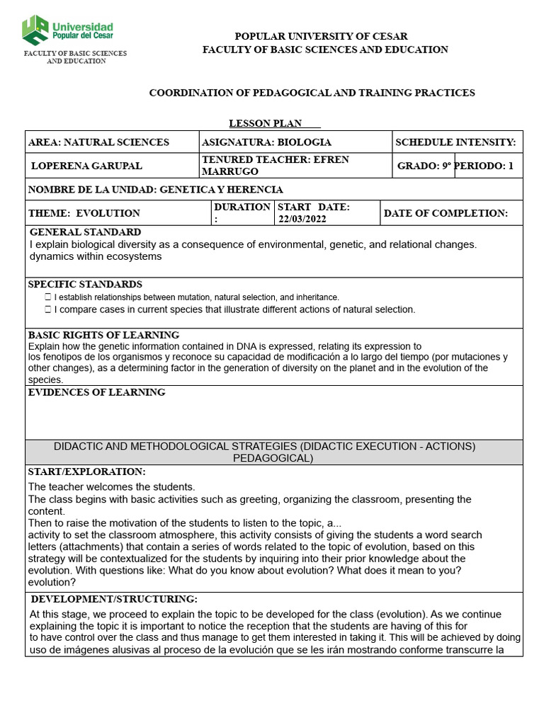 Lesson Plan on Evolution for 9th Grade | PDF | Evolution | Species