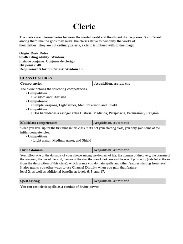 Cleric Class Overview and Features | PDF