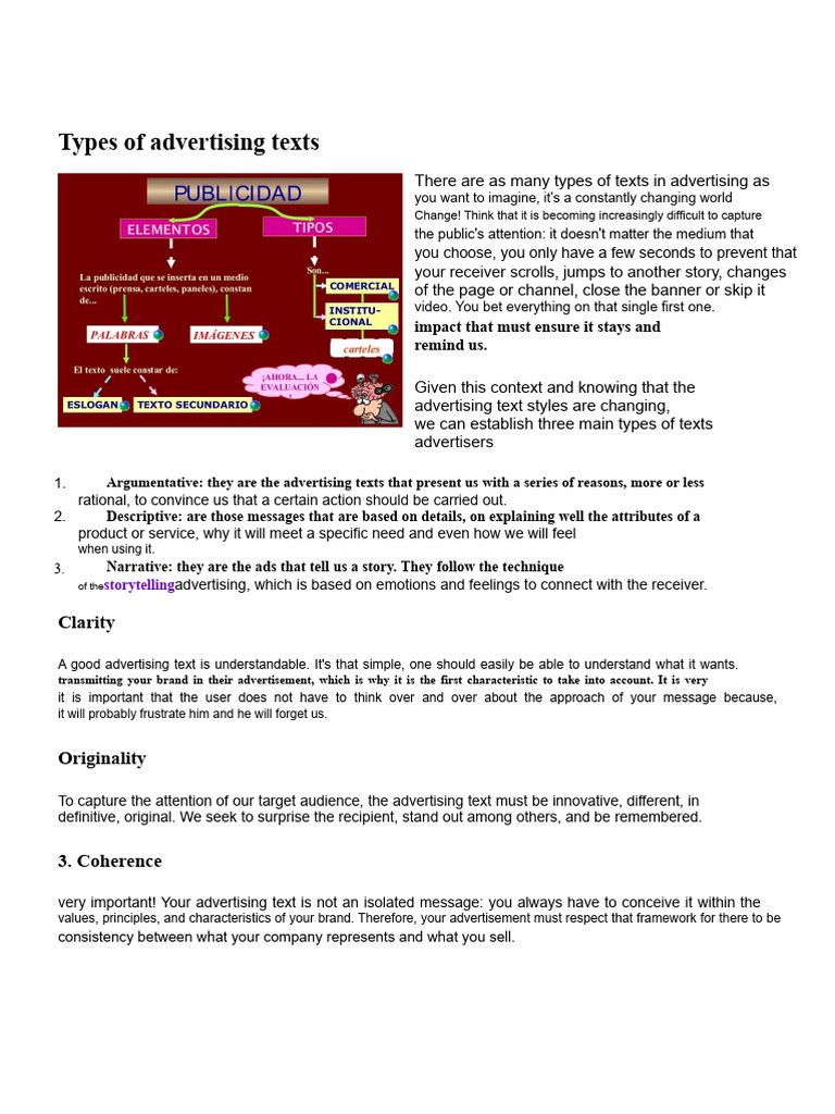 Types of Advertising Texts Explained | PDF | Advertising | Brand