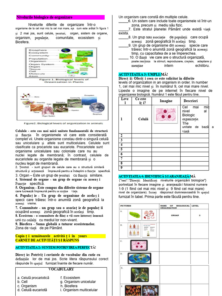 Nivelurile Biologice de Organizare | PDF