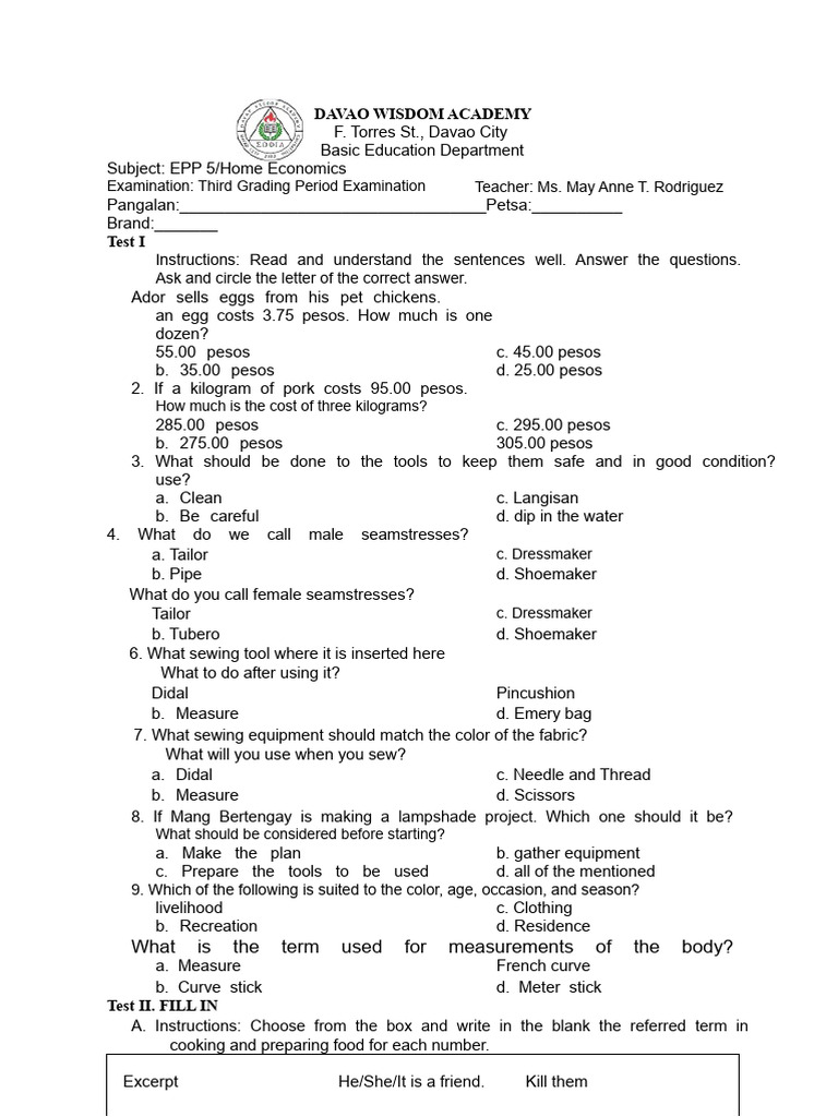 EPP 5 3rd Quarter Exam (2020-2021) | PDF | Sewing | Cooking