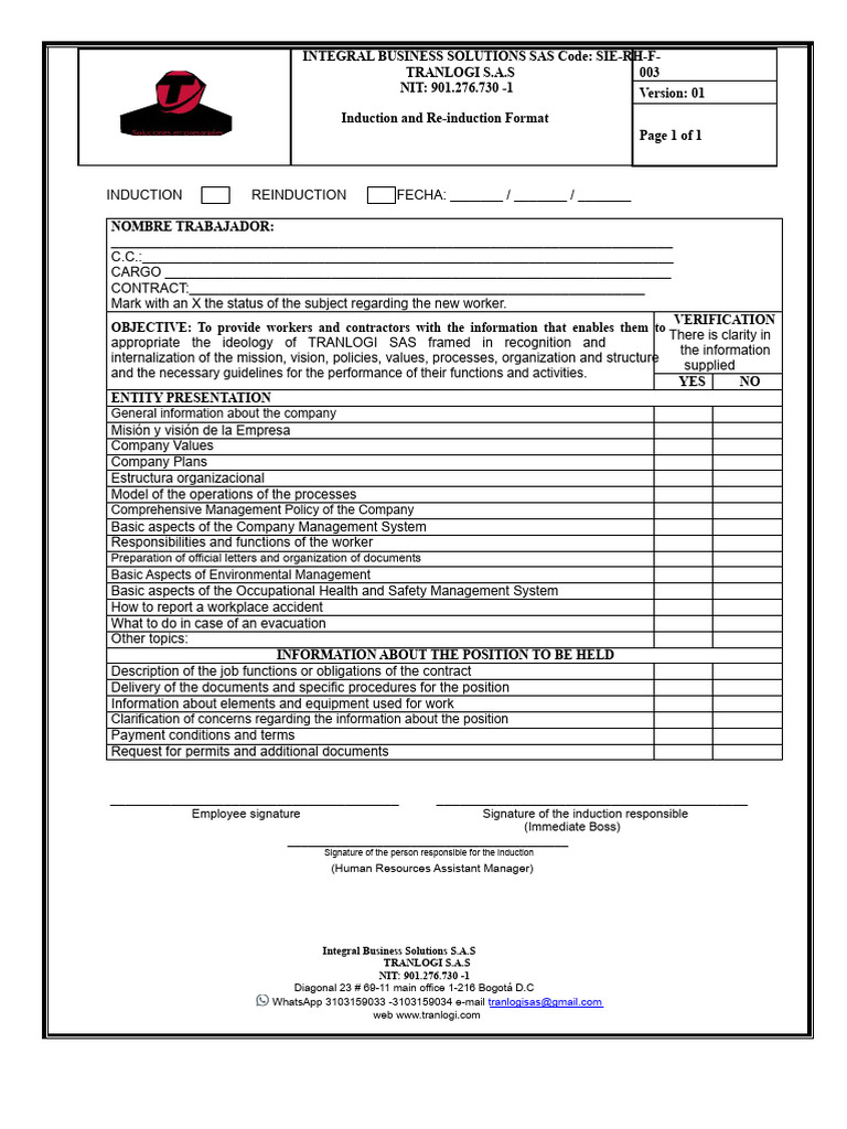 Induction and Re-induction Format Guide | PDF | Occupational Safety And ...