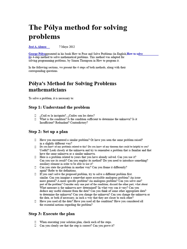 Pólya's Problem Solving Method Guide | PDF | Function (Mathematics ...
