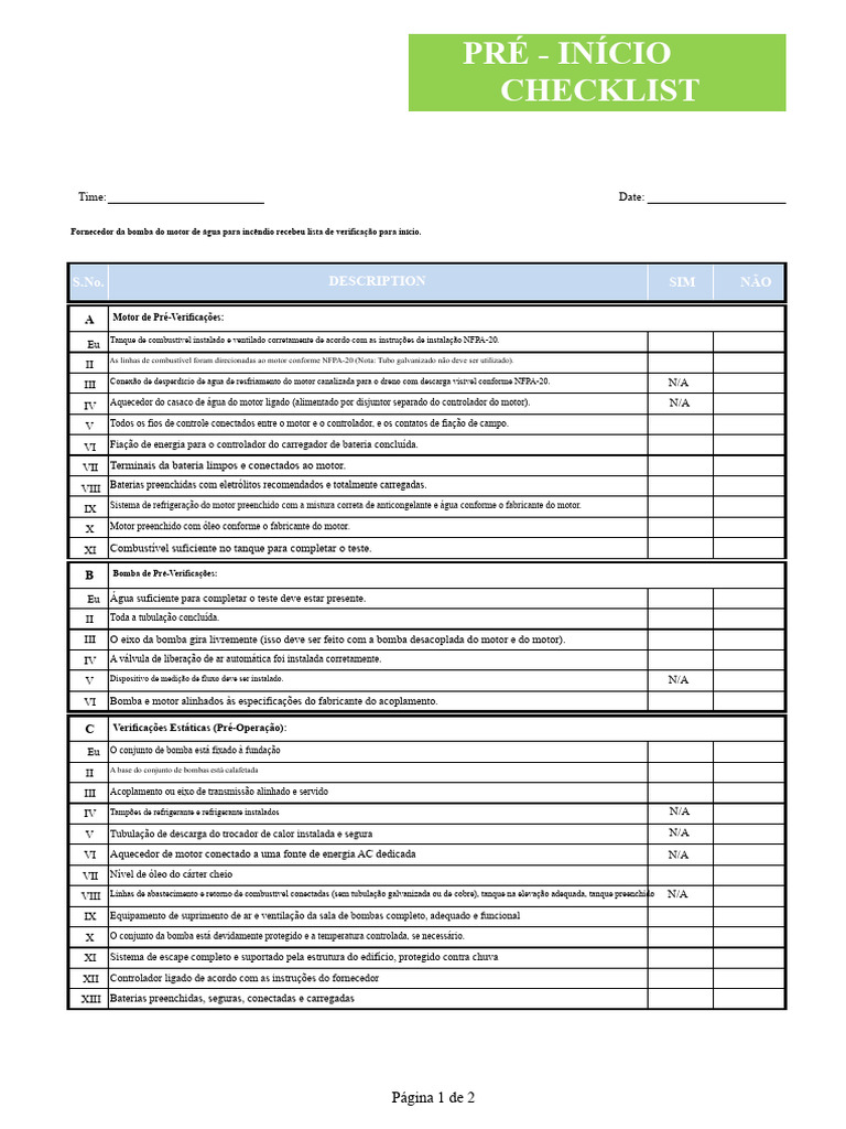 Checklist de Pré-Operação para Bombas de Incêndio | PDF | Bomba | Motores