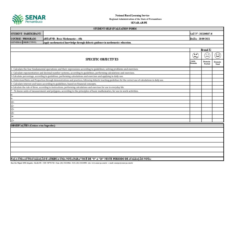 Basic Mathematics Student Evaluation Form | PDF | Mathematics | Learning