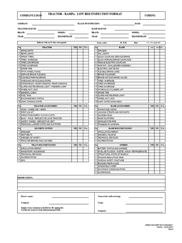 Tractor Low Bed Inspection Checklist | PDF | Tractor | Brake