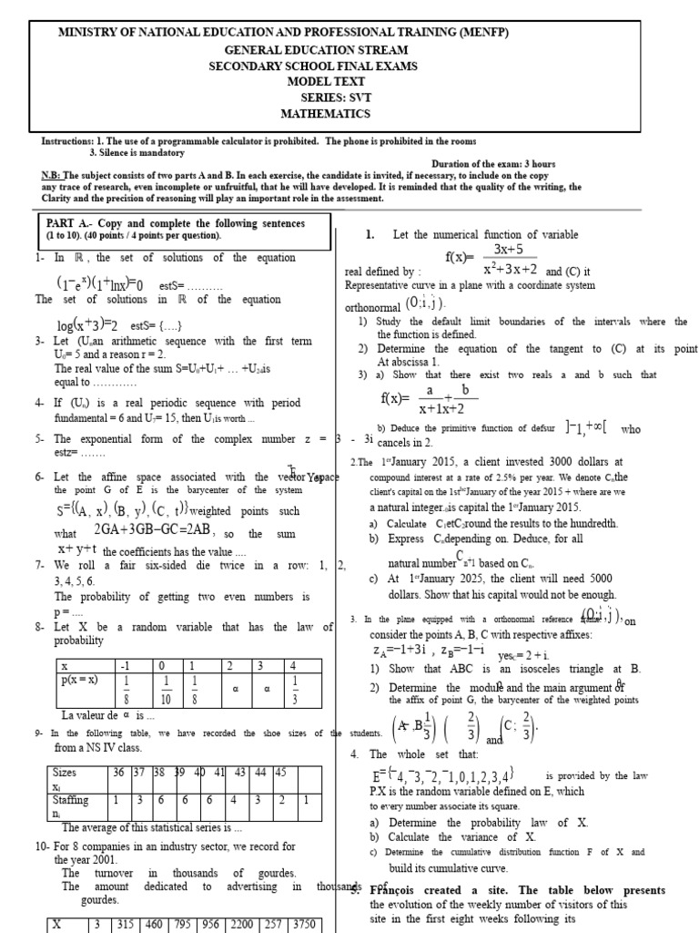 Secondary School Math Exam Model | PDF | Mathematics | Function ...
