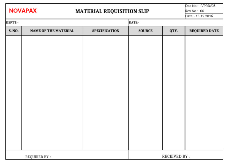 NOVAPAX Material Requisition Slip | PDF