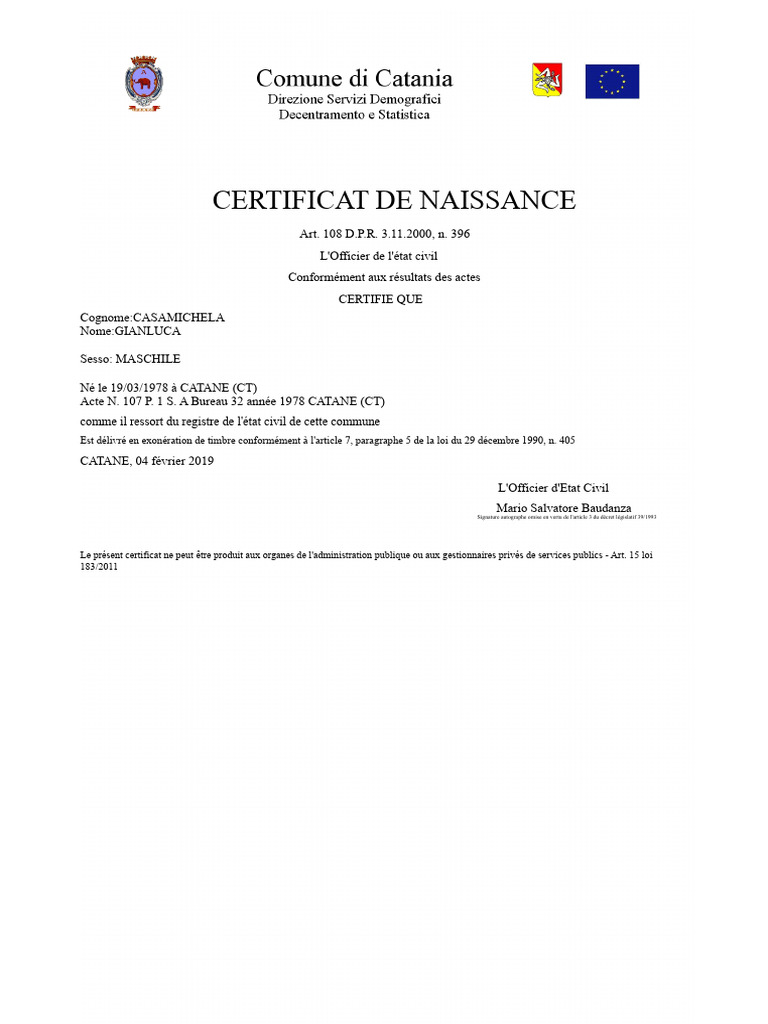 Certificat de naissance de Gianluca Casamichela | PDF