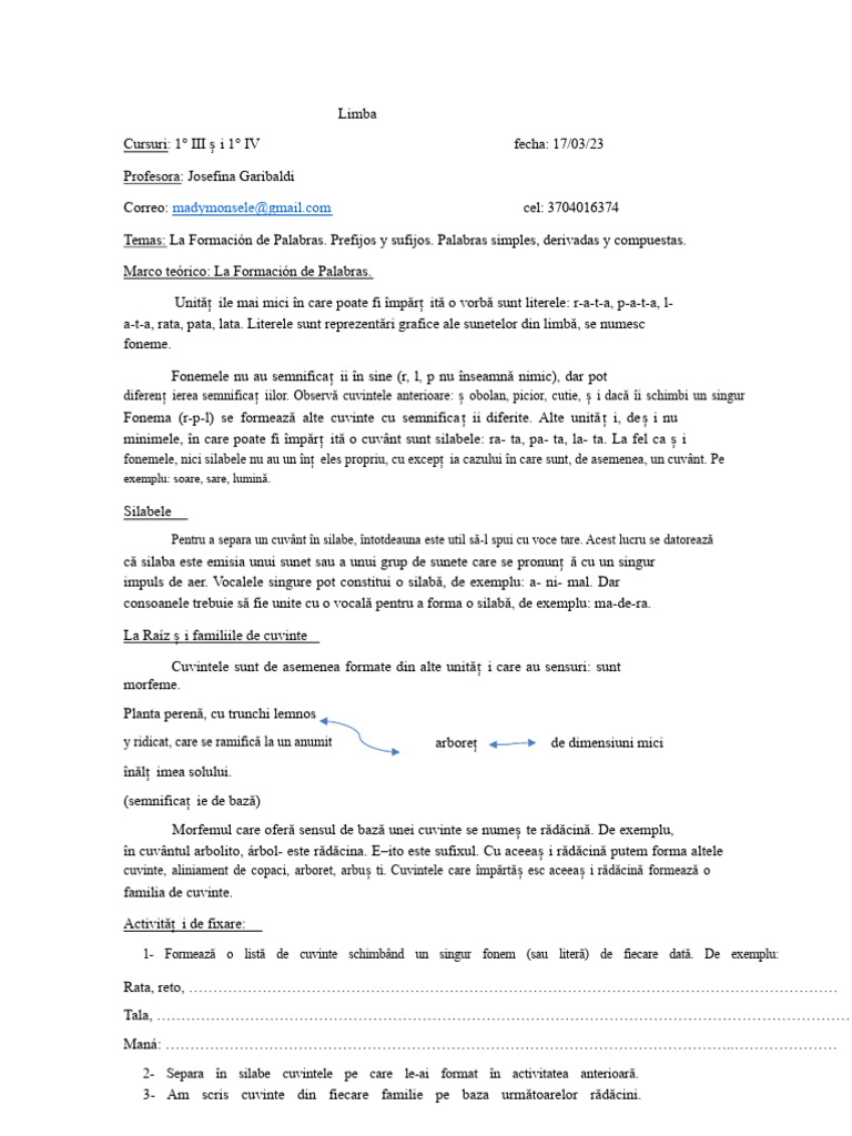 Limba Clasa I Formarea Cuvintelor | PDF