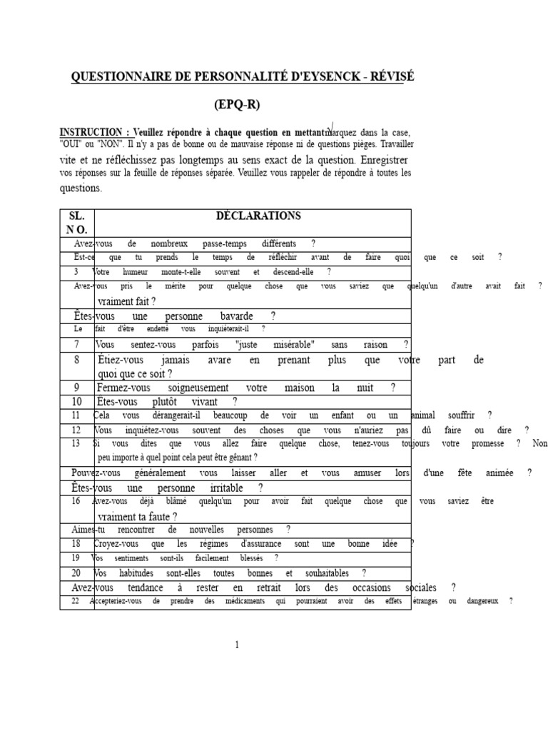 Questionnaire de personnalité EPQ-R | PDF