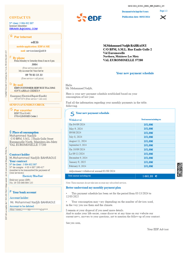 EDF Monthly Payment Schedule Details | PDF | Debit Card | Payments