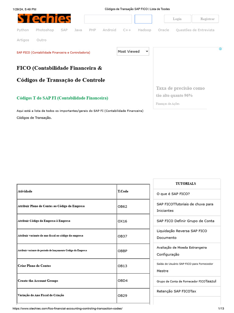 Códigos de Transação SAP FICO | PDF | Contabilidade | Cheque (banco)