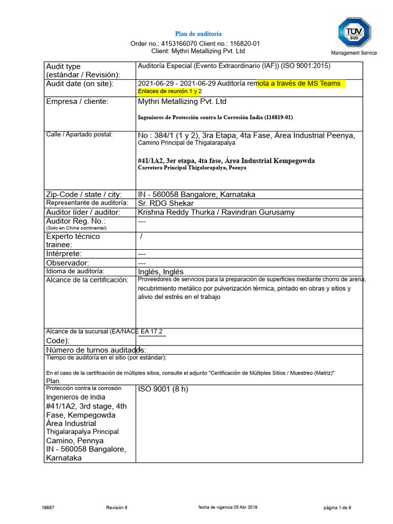 Plan de Auditoría - ISO 9001 - ISO 14001 - 2015 | PDF | Auditoría ...