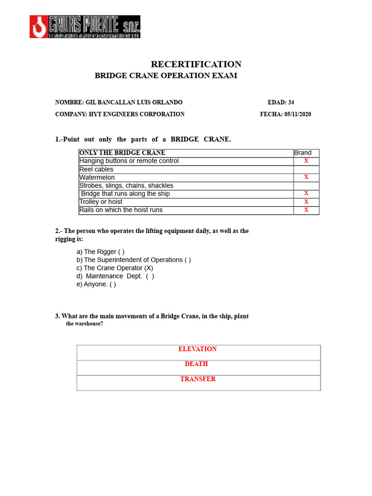 Bridge Crane Operation Recertification Exam | PDF | Crane (Machine ...