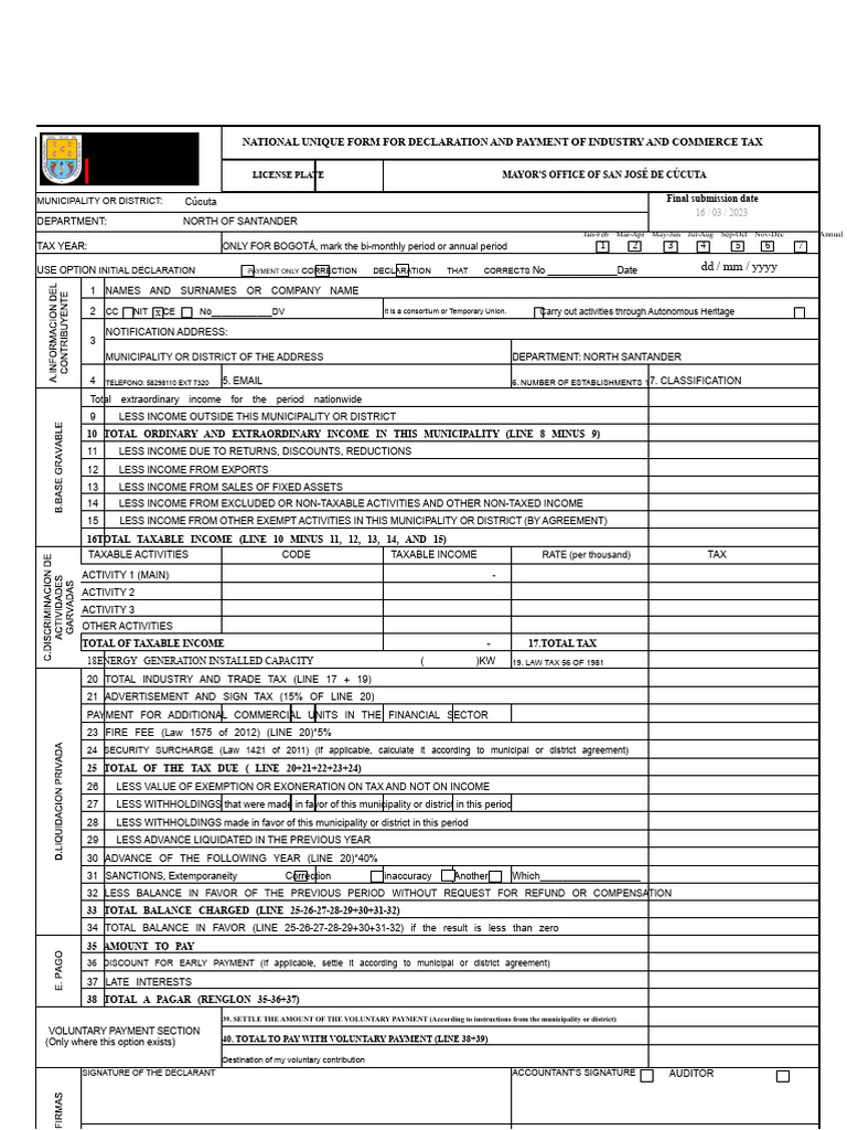 Cúcuta Industry and Commerce Tax Form | PDF | Taxes | Tax Refund
