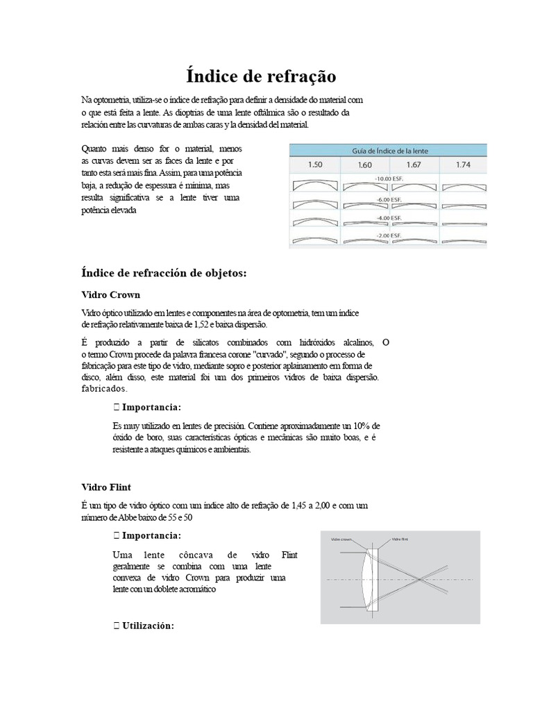 Tipos de Vidros e Índices de Refração | PDF | Ótica | Óculos
