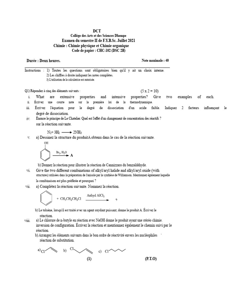 Examen de Chimie F.Y.B.Sc. Juillet 2021 | PDF | Chimie | Dissociation ...