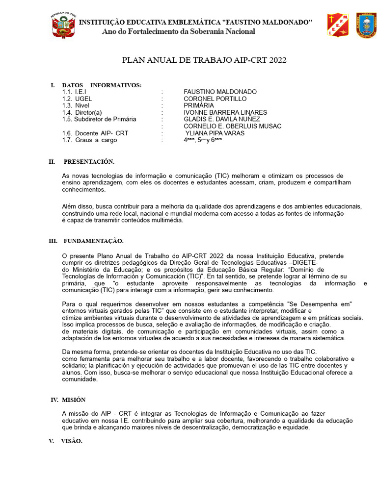 Plano Anual AIP-CRT 2022: TIC na Educação | PDF | Tecnologia da ...