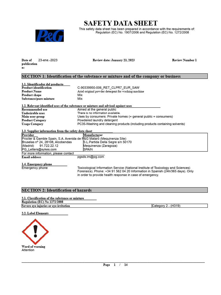FDS Ariel Powder | PDF | Chemistry | Chemical Substances